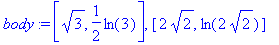 body := [3^(1/2), 1/2*ln(3)], [2*2^(1/2), ln(2*2^(1/2))]