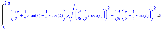 Int((5/2*r+1/2*r*sin(t)-1/2*r*cos(t))*(diff(1/2*r*cos(t),t)^2+diff(1/2*r+1/2*r*sin(t),t)^2)^(1/2),t = 0 .. 2*Pi)