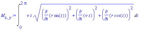 M[x,y] := Int(v*t*(diff(r*sin(t),t)^2+diff(v*t,t)^2+diff(r*cos(t),t)^2)^(1/2),t = 0 .. 2*Pi)