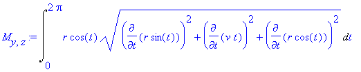 M[y,z] := Int(r*cos(t)*(diff(r*sin(t),t)^2+diff(v*t,t)^2+diff(r*cos(t),t)^2)^(1/2),t = 0 .. 2*Pi)