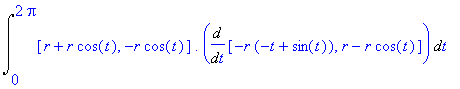 Int([r+r*cos(t), -r*cos(t)].Diff([-r*(-t+sin(t)), r-r*cos(t)],t),t = 0 .. 2*Pi)